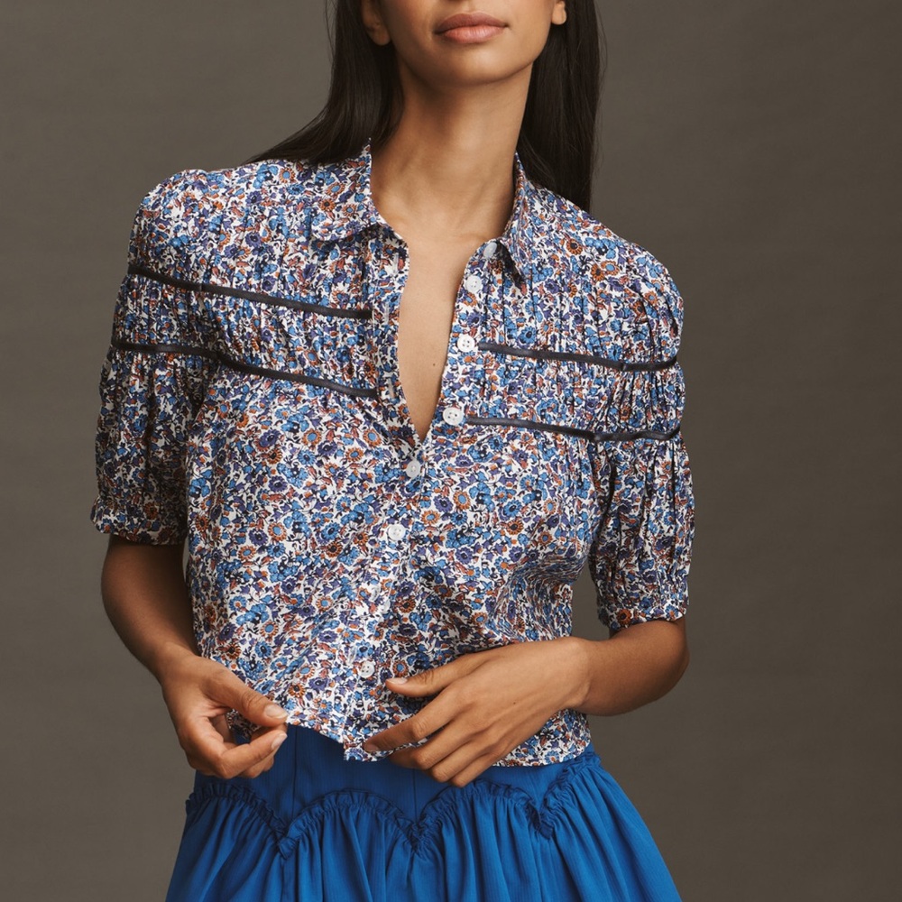 Anthropologie Leandra Shirred Yoke Blue Floral Blouse